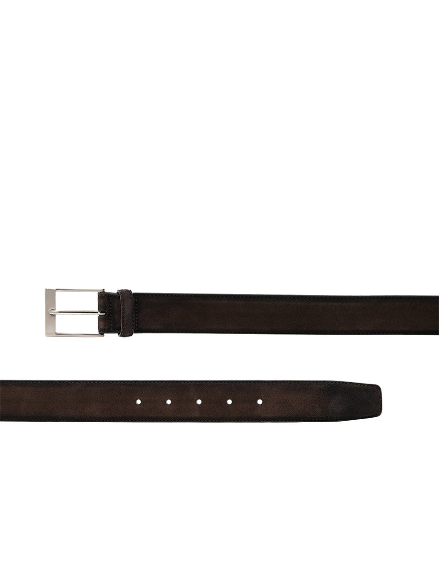 The Magnanni Telante Belt in brown suede features a dark hue, silver rectangular buckle, and multiple adjustment holes, shown flat on a white background.