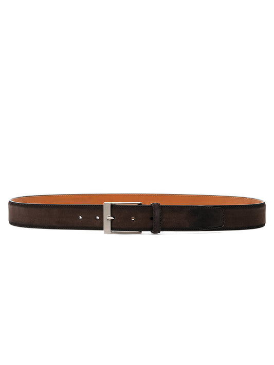 The Magnanni Telante Belt in Brown Suede is a dark brown men’s suede belt with a silver rectangular buckle and tan inner lining, shown on a white background.