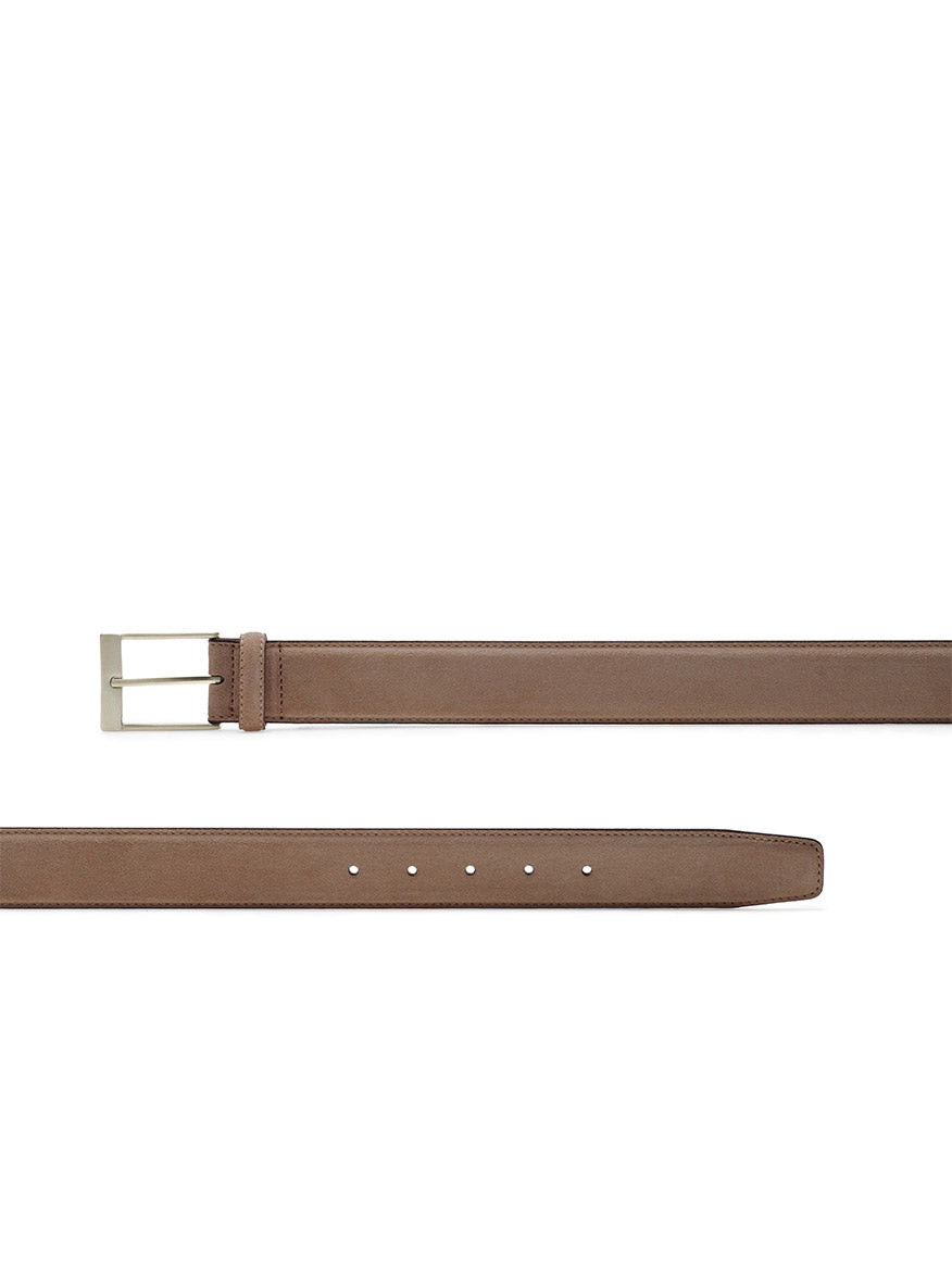 The Magnanni Telante Belt in Schore Suede showcases brown suede leather, a silver rectangular buckle, and five adjustment holes, shown from both front and back views.