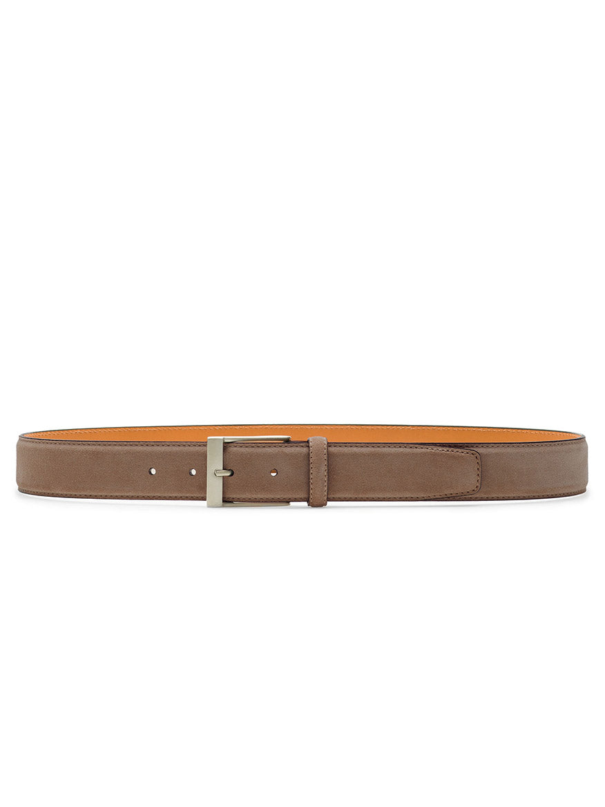 The Magnanni Telante Belt in Schore Suede, featuring a silver rectangular buckle, is displayed horizontally on a white background.