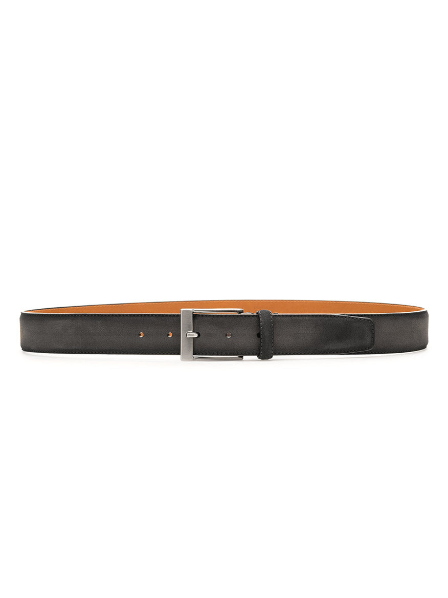 A Magnanni Telante Belt in Grey Suede on a white background.