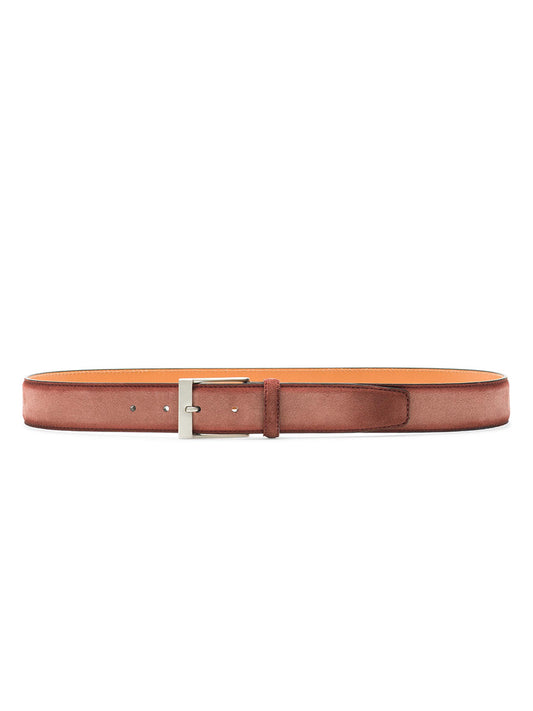 A Magnanni Telante Belt in Rosado Suede with a brushed nickel buckle, displayed horizontally on a white background.