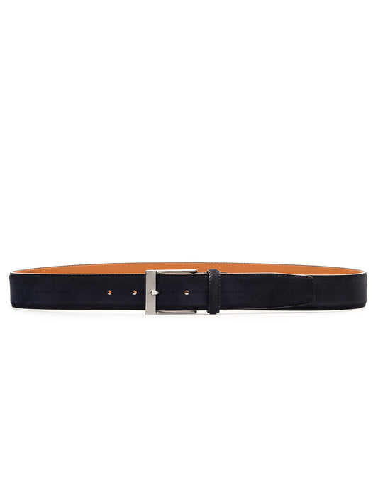 A blue suede Magnanni Telante Belt with a silver buckle on a white background.