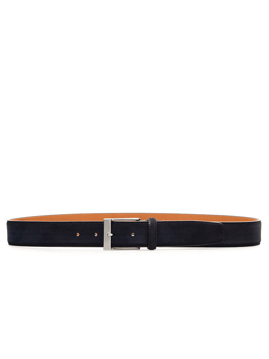 Navy suede Magnanni Telante belt with brushed nickel buckle, shown on a plain white background.