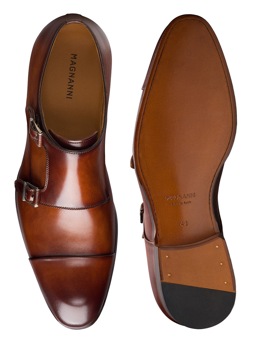 Magnanni Tinos in Cognac dress shoes, featuring a double monk strap, cap toe detail, and leather sole, shown from top and bottom to highlight the buckle design.