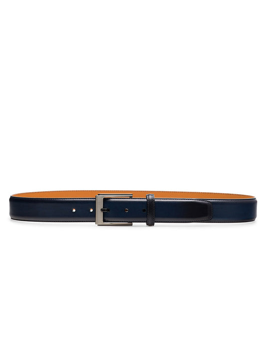 The Magnanni Vega Belt in Navy, handcrafted from calfskin leather, features a silver rectangular buckle and is shown flat on a white background.
