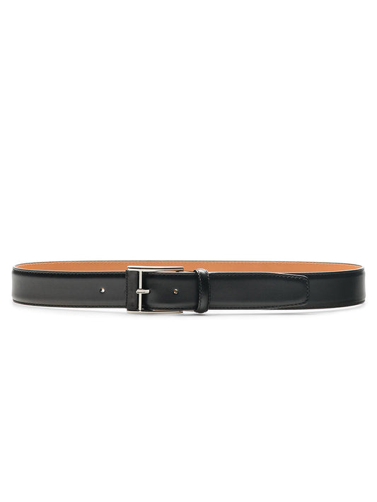 The Magnanni Velaz Belt in Black features black calfskin leather and a silver rectangular buckle, shown flat on a white background.
