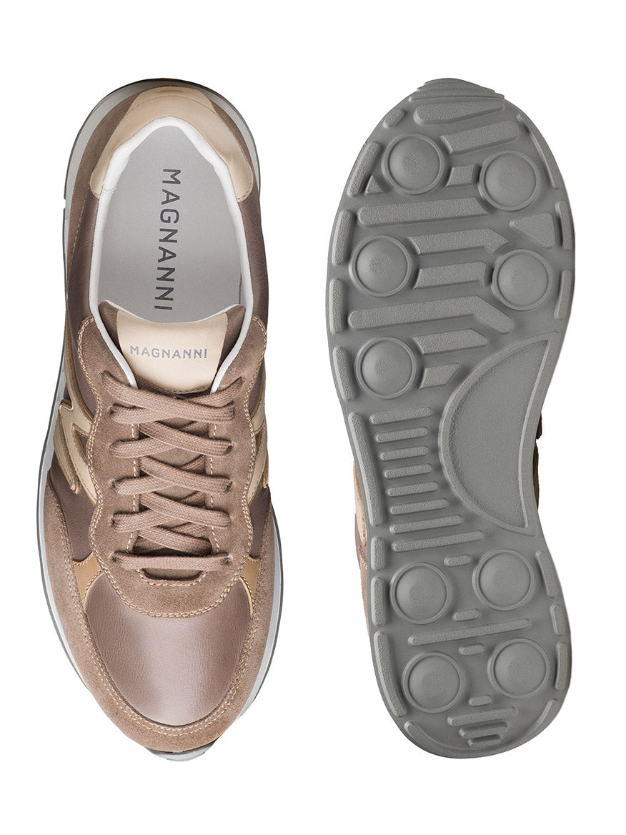 Top and bottom view of the Magnanni Yoki sneaker in Torba/Cream, with an athletic-style sole, supple leathers, and "Magnanni" on the insole.