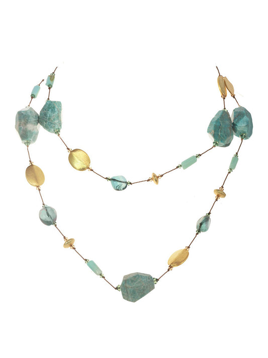 A Margo Morrison Natural Amazonite, Fluorite, Opal, and Vermeil Bead Necklace with irregularly shaped stones and disc accents.