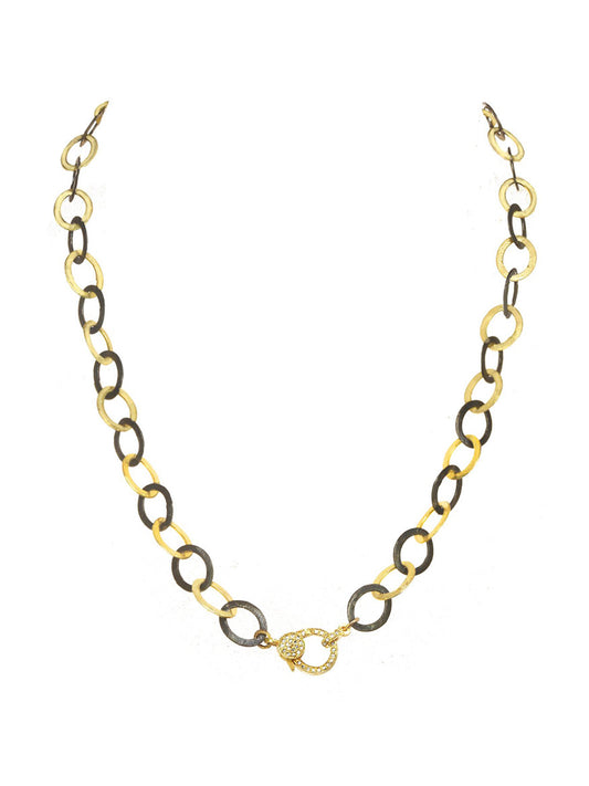 Margo Morrison Matte Vermeil & Sterling Flat Link Chain with Diamond Clasp and matte black chain necklace with a decorative clasp.