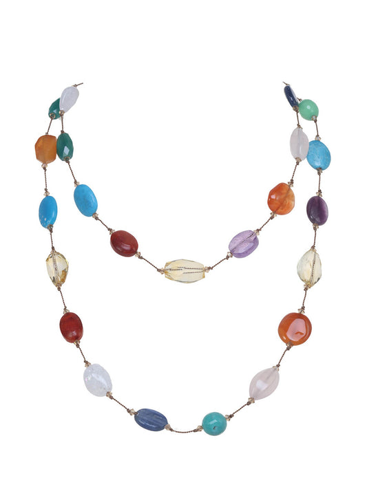 A 35" length Margo Morrison Small Multi-Gemstone Necklace with various shapes and sizes of beads, arranged on a white background, accented by sterling silver elements.