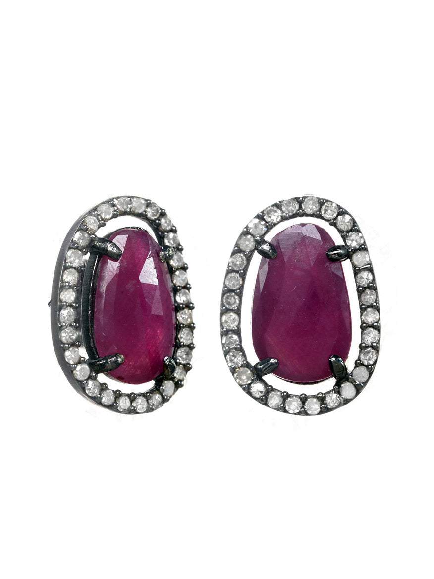Pair of Margo Morrison Pink Sapphire and Diamond Stud Earrings with diamond halos on a white background.