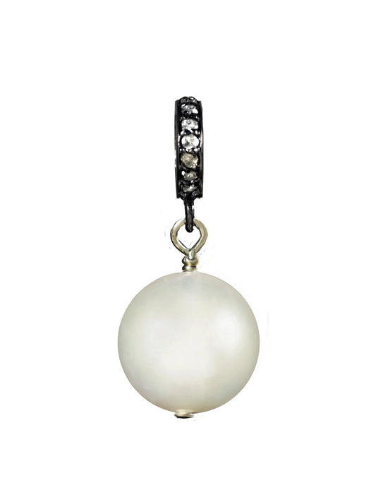 A Margo Morrison White Edison Pearl Charm With Diamond Ring featuring a White Edison pearl and a small loop adorned with tiny, clear gemstones, all set in a Sterling silver setting.