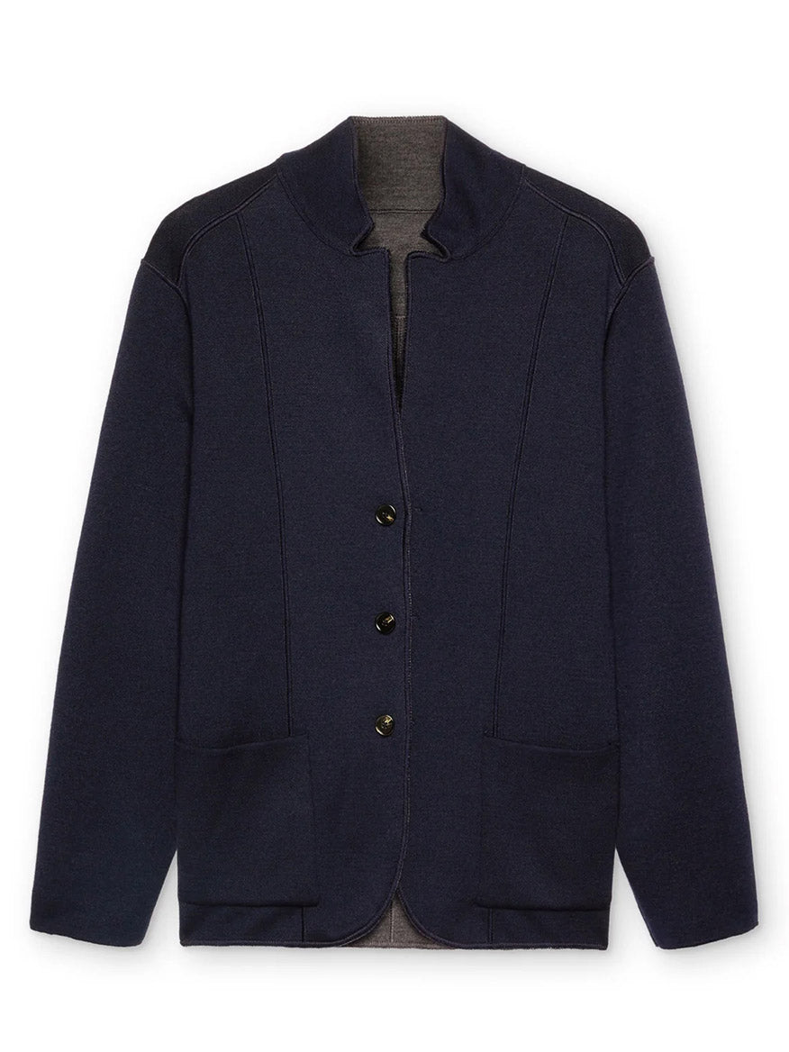 A Maurizio Baldassari Jamaica Reversible Wool Swacket in Navy/Charcoal with a collarless design, three black buttons, and two front pockets, crafted from extrafine merino wool and displayed on a plain white background.