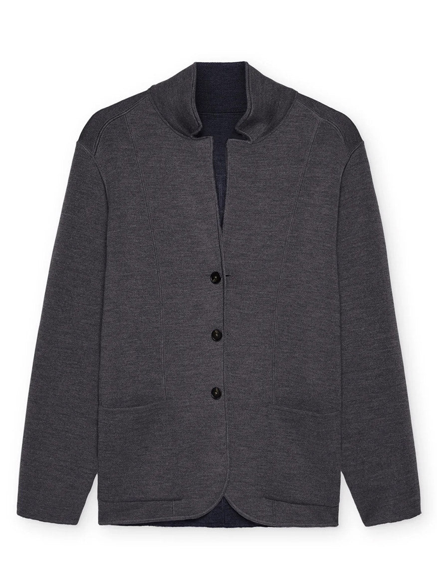 A Maurizio Baldassari Jamaica Reversible Wool Swacket in Navy/Charcoal, featuring a dark gray, long-sleeved button-up jacket crafted from extrafine merino wool, with a collarless design and two front pockets.