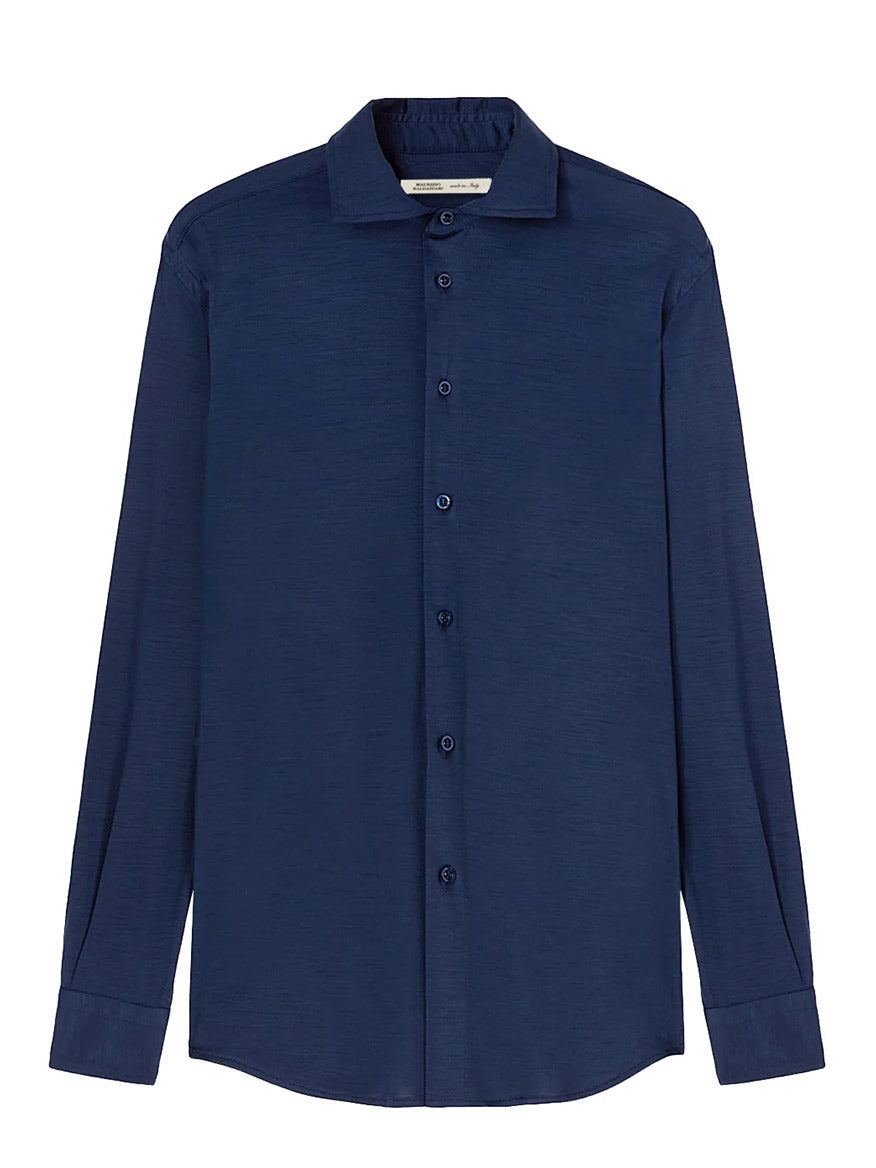 The Maurizio Baldassari Santini Techmerino Wool Shirt in Blue is a long-sleeve, button-up collared shirt, shown on a plain white background. Breathable and stylish, it's perfect for any occasion.