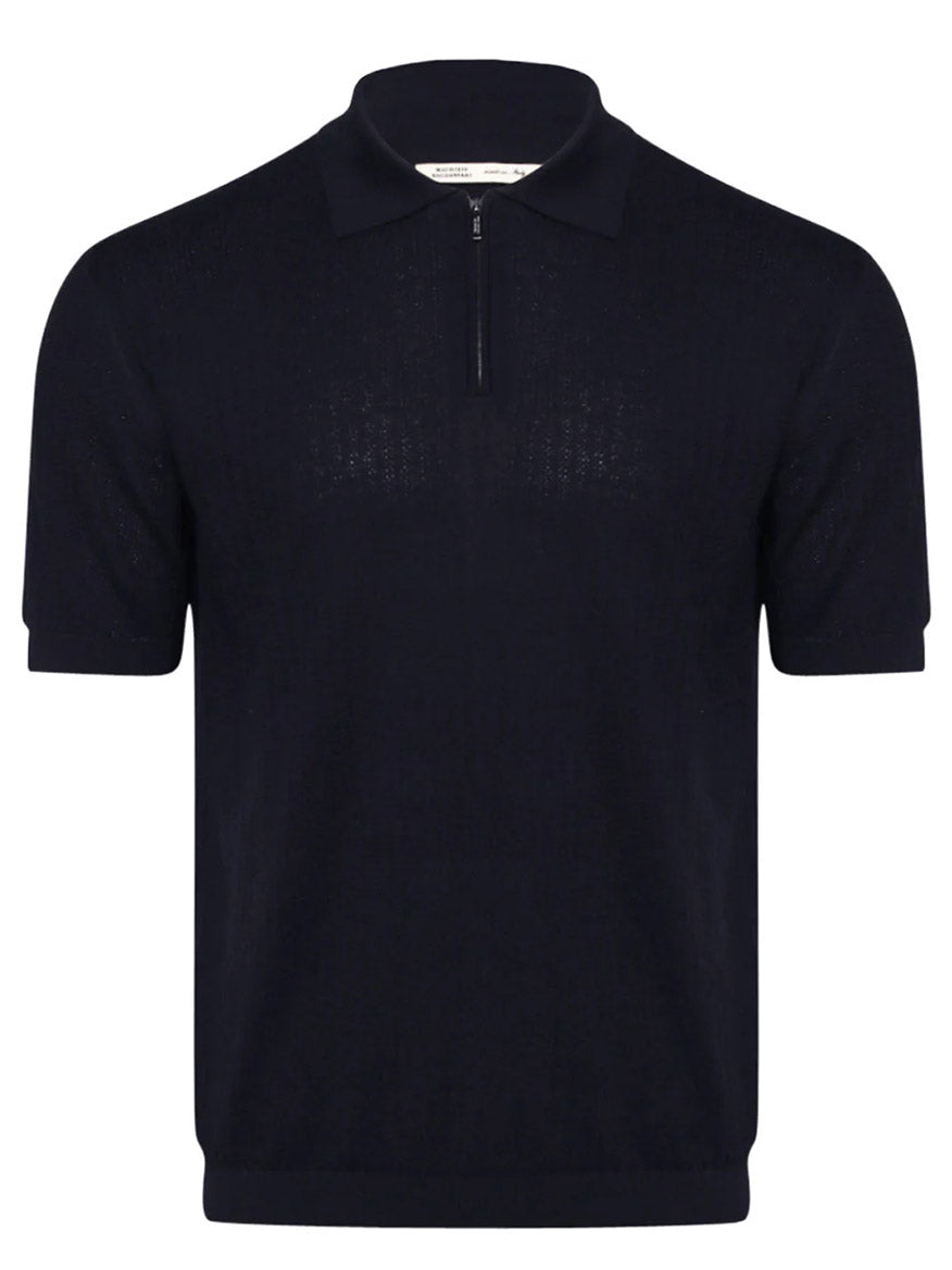 Maurizio Baldassari Silk & Cotton Zip Polo in Navy with short sleeves and a zippered placket on a plain background.