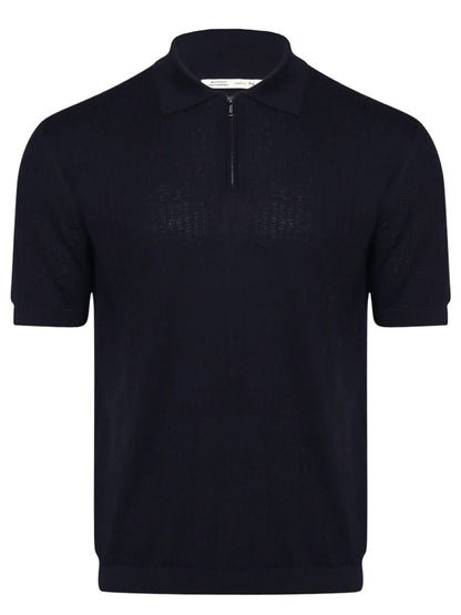 Maurizio Baldassari Silk & Cotton Zip Polo in Navy with short sleeves and a zippered placket on a plain background.