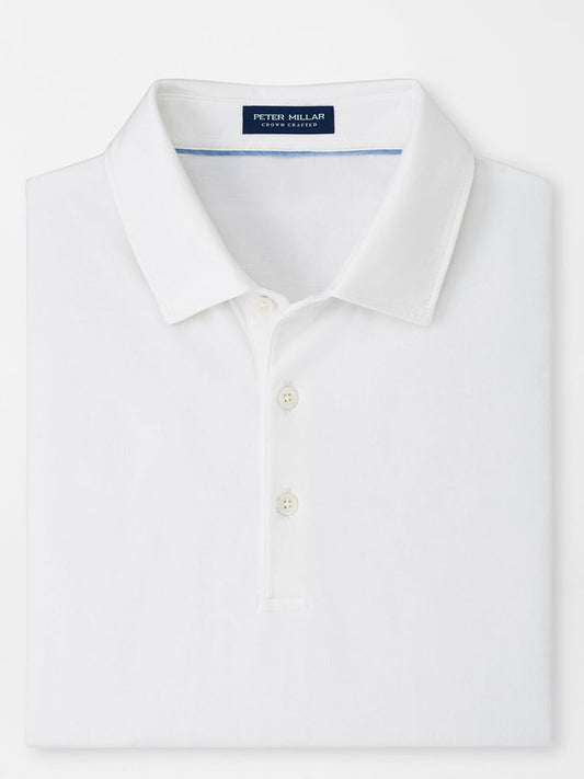 Peter Millar Excursionist Flex Short-Sleeve Polo in White with folded collar and tailored fit displayed on a plain background.