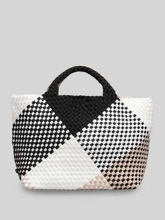 A Naghedi St. Barths Medium Tote in Graphic Weave Palermo featuring a modern geometric black and white checkered pattern on a gray background.