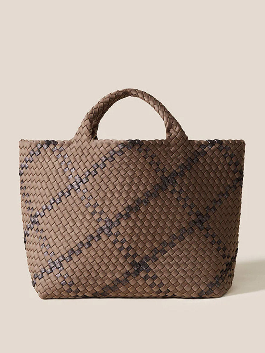 A durable, handwoven Naghedi St. Barths Medium Tote in Plaid Mojave displayed against a neutral background.