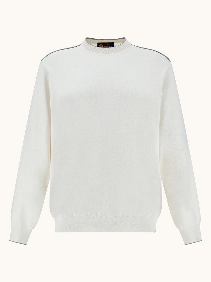 The Paul & Shark Crew‑Neck Sweater With Aqualeather Suede Details in White features ribbed cuffs and hem, plus a subtle dark trim on the shoulders for a clean, classic look.