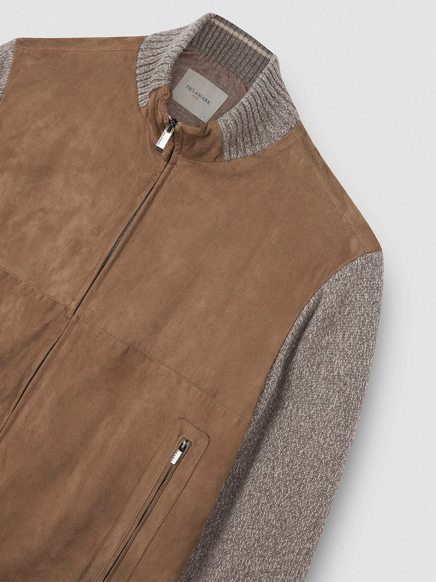 A close-up of the Paul & Shark Hybrid Zip-Up Cardigan in Natural, showcasing a brown suede front, beige wool-cashmere sleeves, ribbed collar, and zippered chest pocket.