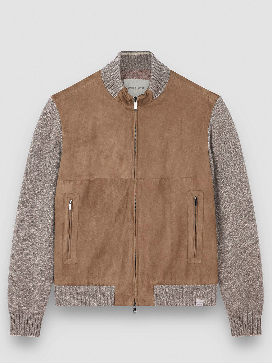 The Paul & Shark Hybrid Zip-Up Cardigan in Natural features a brown suede front, knitted gray wool and cashmere sleeves and collar, two zippered side pockets, and ribbed cuffs and hem for comfort.