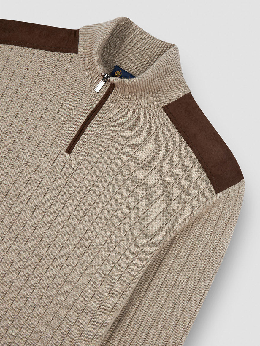Paul & Shark Quarter Zip Sweater With Suede Details in Natural, crafted from a wool-cashmere blend with brown suede shoulder patches and ribbed knit, shown laid flat on a light background.