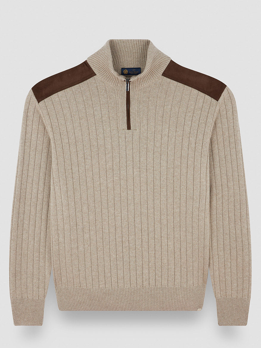 Paul & Shark Quarter Zip Sweater With Suede Details in Natural, featuring a wool-cashmere blend, quarter-zip collar, and brown suede shoulder patches, displayed on a plain background.