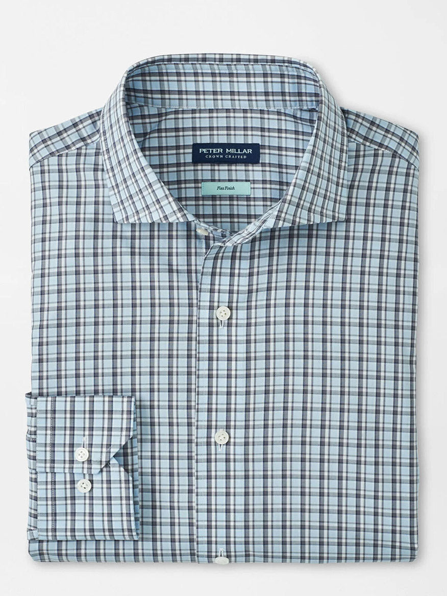 The Peter Millar Abetone Cotton Sport Shirt in Blue Frost features a tailored fit with Flex Finish for all-day comfort and showcases a refined blue, gray, and white plaid pattern.