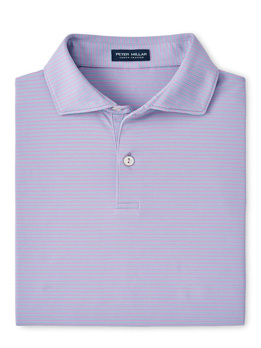 Folded light blue and white striped moisture-wicking Peter Millar Ambrose Performance Jersey Polo in Mountain Berry.