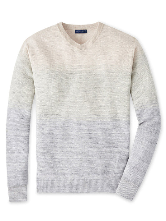 A Peter Millar Camden High V Striped Sweater in British Grey displayed on a plain white background.