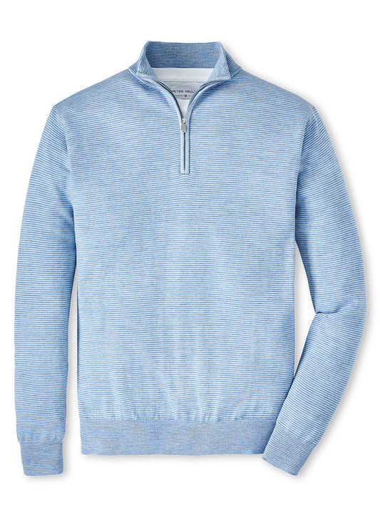Peter Millar Canton Stripe Quarter-Zip Sweater in Cottage Blue crafted from Merino wool, displayed on a plain background, featuring visible texture and a slightly raised collar.
