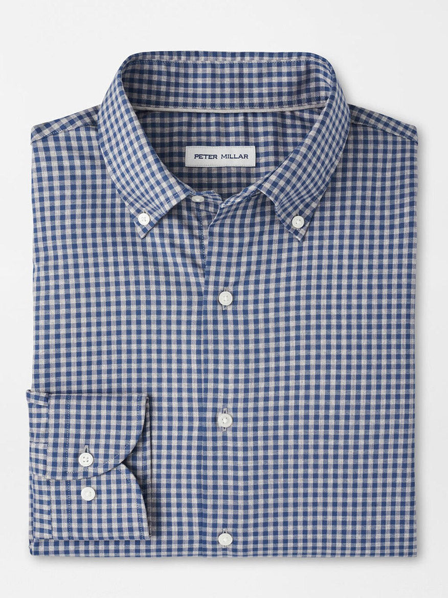 A neatly folded Peter Millar Conway Crown Lite Cotton-Stretch Sport Shirt in gale grey, with a visible "Peter Millar" label on the collar.
