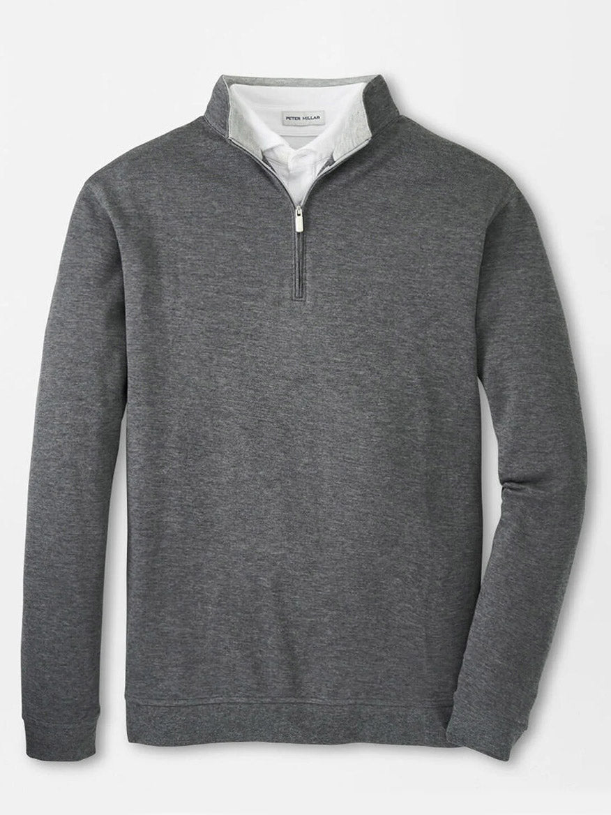 The Peter Millar Crown Comfort Pullover in Charcoal is a lightweight, long-sleeve quarter-zip with a white inner collar, shown laid flat on a white surface.