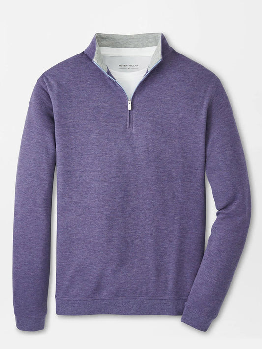 The Peter Millar Crown Comfort Pullover in Deep Violet is a long-sleeve, quarter-zip with four-way stretch, a stand collar, and white inner lining, displayed on a plain background.