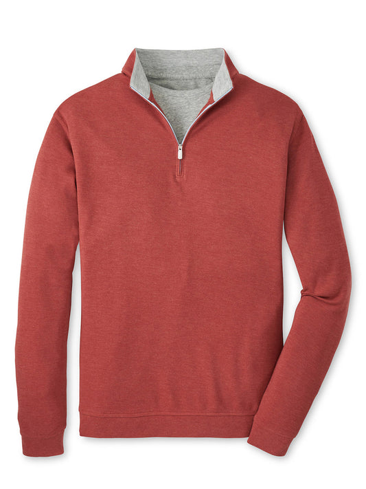 The Peter Millar Crown Comfort Pullover in Sparrow Red is a long-sleeve, quarter-zip with a light gray inner collar and four-way stretch fabric, shown against a plain white background.