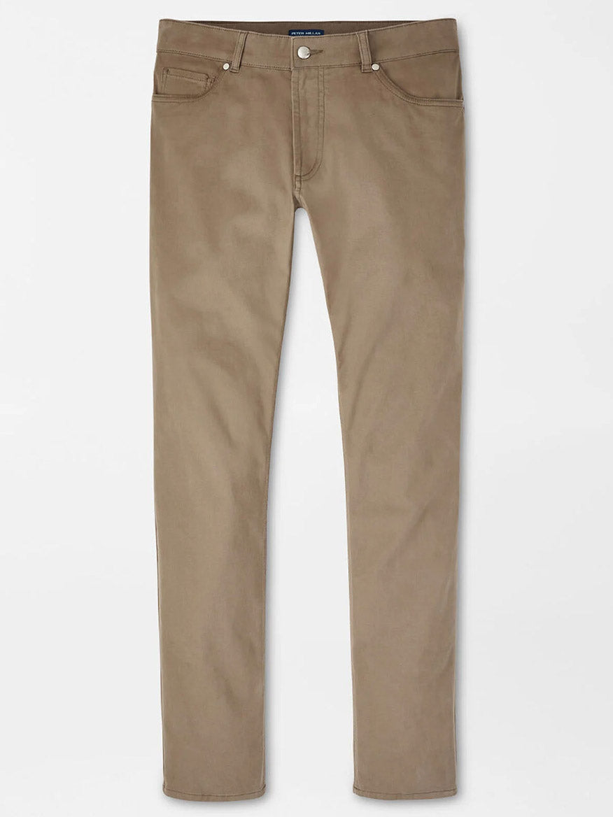 The Peter Millar Delvin Twill Five-Pocket Pant in Rye features a straight-leg fit, brushed twill fabric, and front and back pockets, shown flat against a white background.
