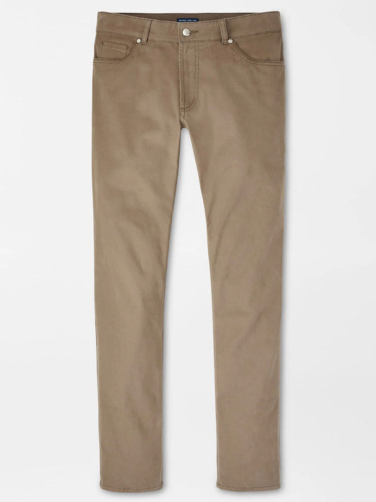 The Peter Millar Delvin Twill Five-Pocket Pant in Rye features a straight-leg fit, brushed twill fabric, and front and back pockets, shown flat against a white background.