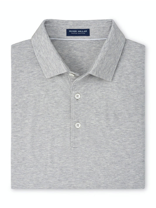 A tailored fit, folded Peter Millar Excursionist Flex Short-Sleeve Polo in Gale Grey.
