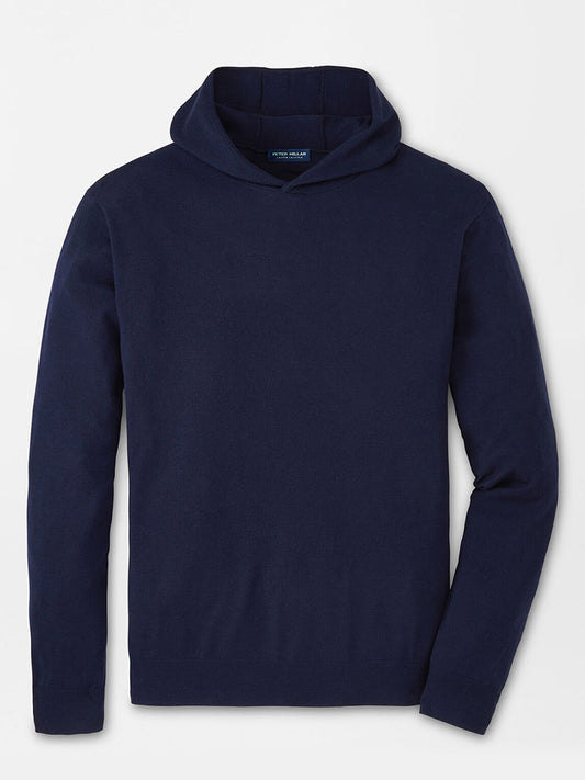 Peter Millar Excursionist Flex Popover Hoodie in Navy crafted from luxury Merino wool, displayed against a white background.