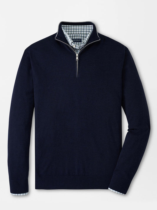 Peter Millar Excursionist Flex Quarter-Zip in Navy blue lightweight sweater with checkered pattern inside the collar.