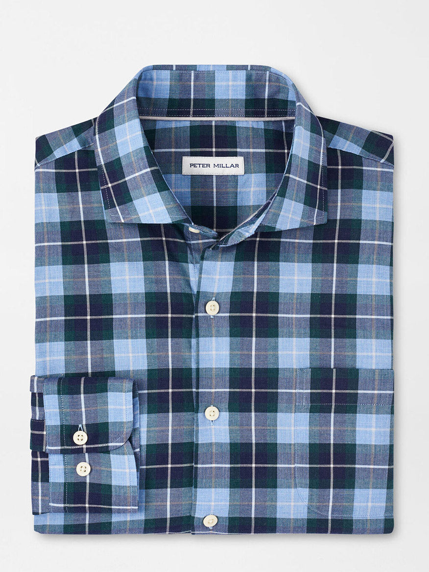 The Peter Millar Langley Summer Soft Cotton Sport Shirt in Cottage Blue is a folded blue and green plaid shirt with a classic spread collar and a white "Peter Millar" label, crafted from soft cotton twill.
