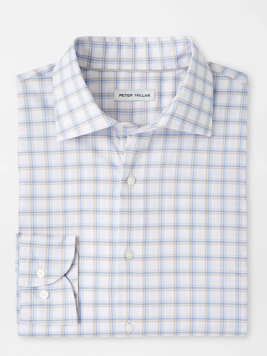 A classic-fit, long-sleeve button-up Peter Millar Lenox Crown Lite Cotton-Stretch Sport Shirt in white, neatly folded with the brand label inside the collar.