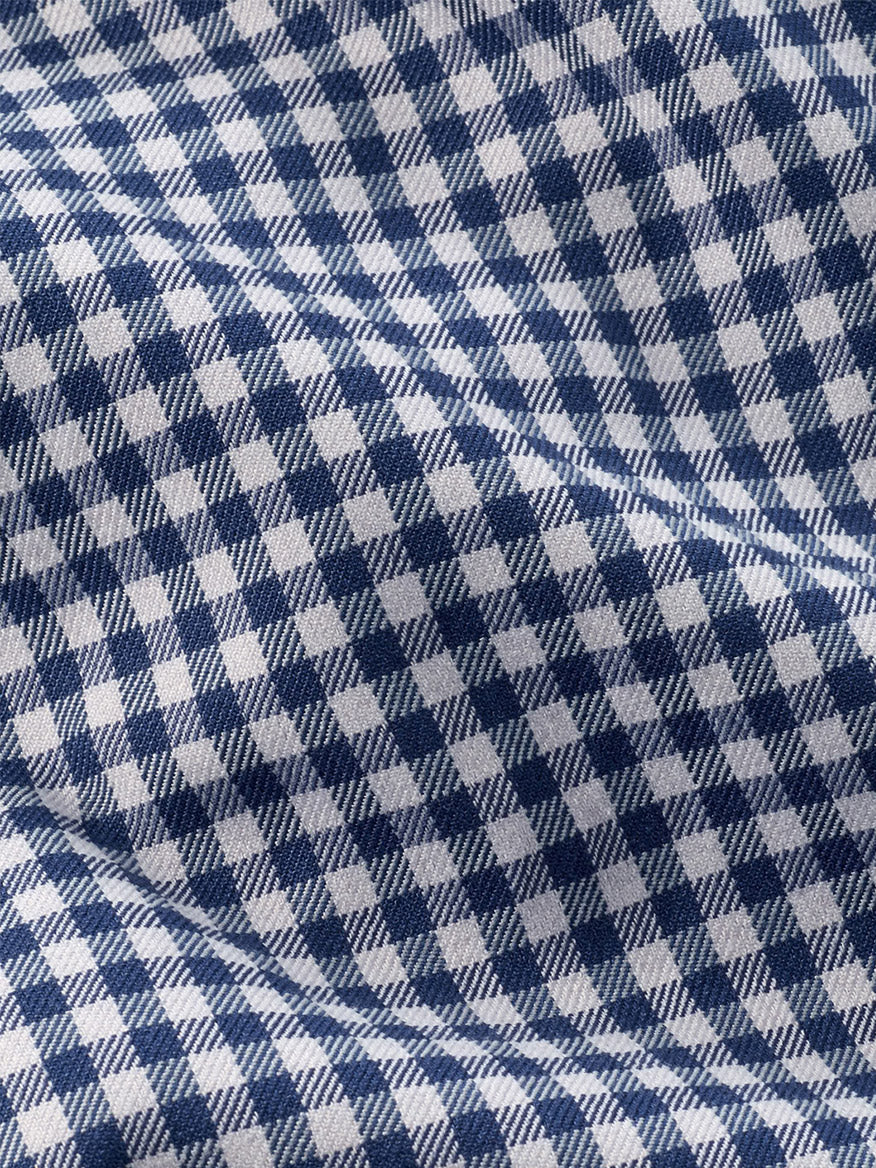Close-up of the navy and white gingham twill fabric of a Peter Millar Liam Crown Soft Twill Sport Shirt in Navy.