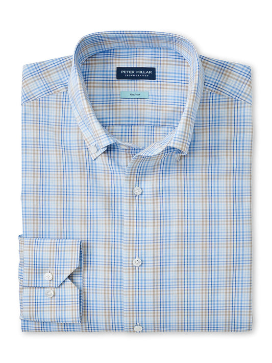 Peter Millar Milo Cotton Sport Shirt in Blue Frost folded neatly on a white background.