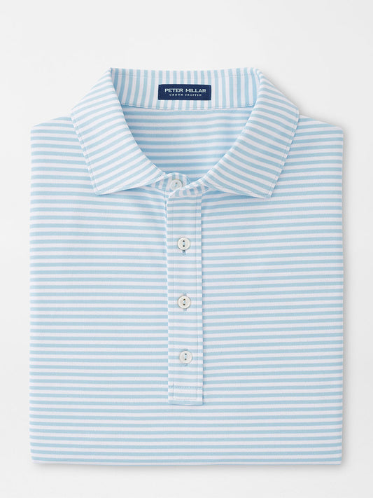 Light blue and white striped Peter Millar Mood Performance Mesh Polo in Blue Frost laid flat.