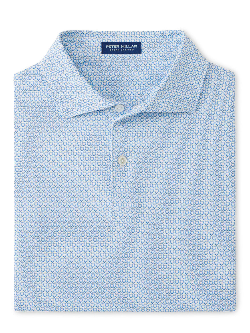 The Peter Millar Palermo Performance Jersey Polo in White features a small geometric pattern, four-way stretch, a two-button placket, and offers UPF 50+ sun protection.