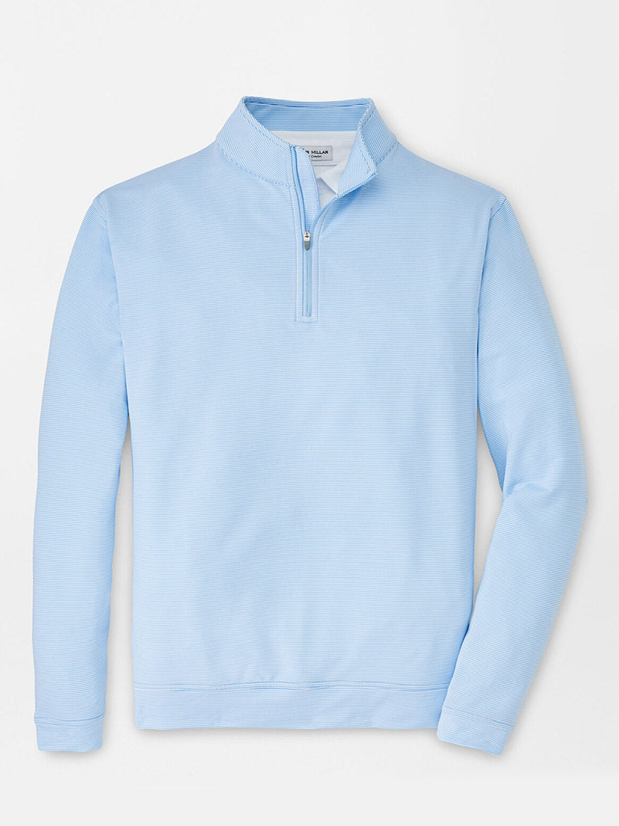 Peter Millar Perth Sugar Stripe Performance Quarter-Zip in Cottage Blue/White displayed on a plain background.